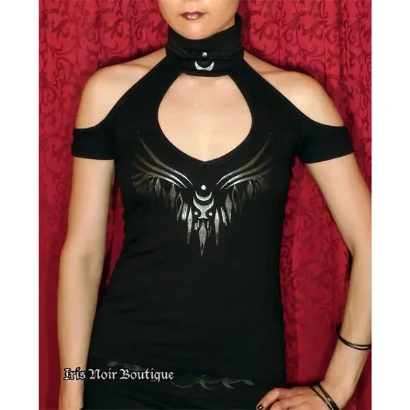 Vintage Lip Service Millennium Moon Goth Punk Cyber Tribal Halter Top Black L - Picture 8 of 8